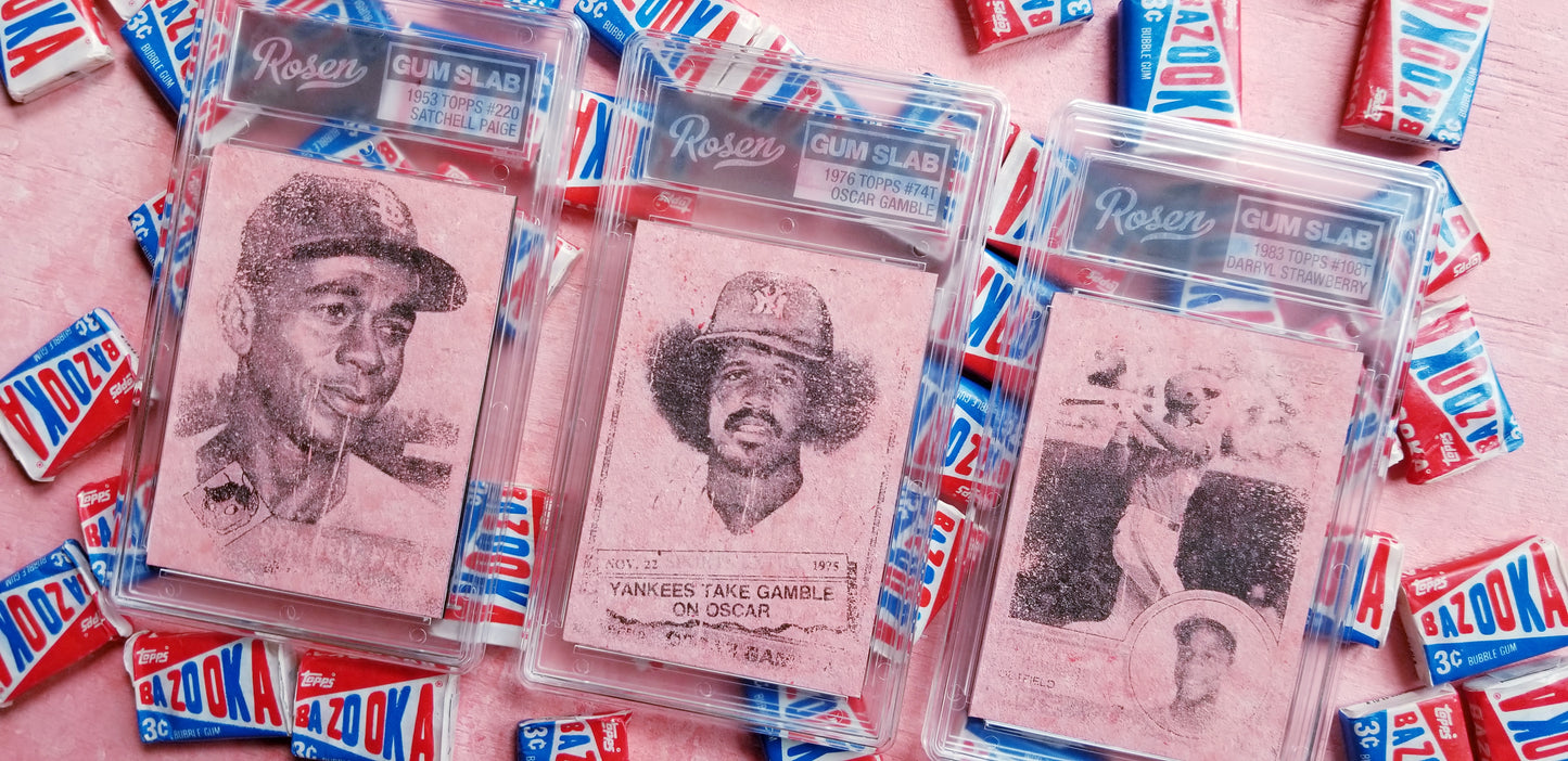 Baseball card art by Matthew Lee Rosen - Satchell Paige, Oscar Gamble and Darryl Strawberry