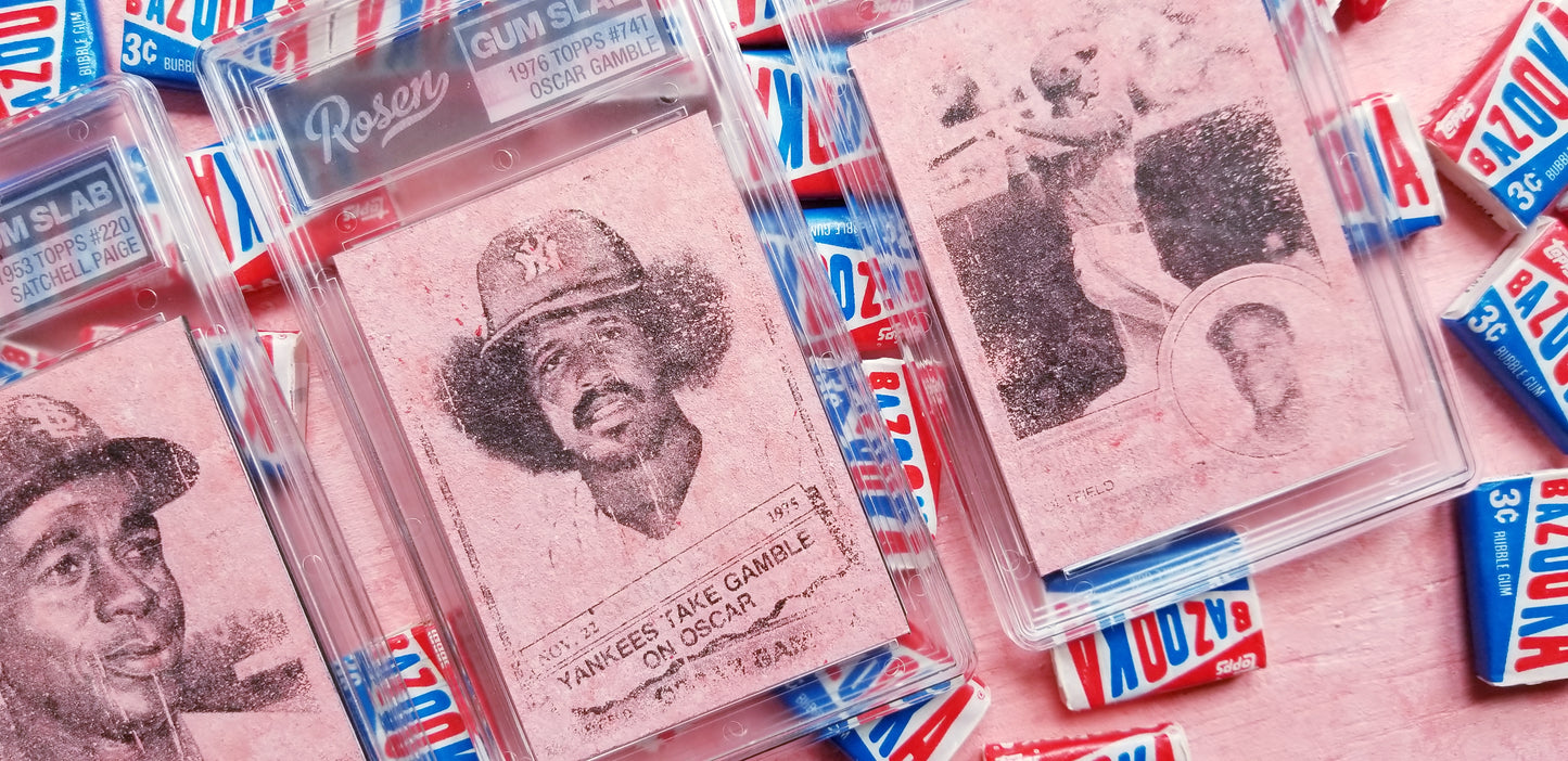 Baseball card art by Matthew Rosen - Satchell Paige, Oscar Gamble and Darryl Strawberry