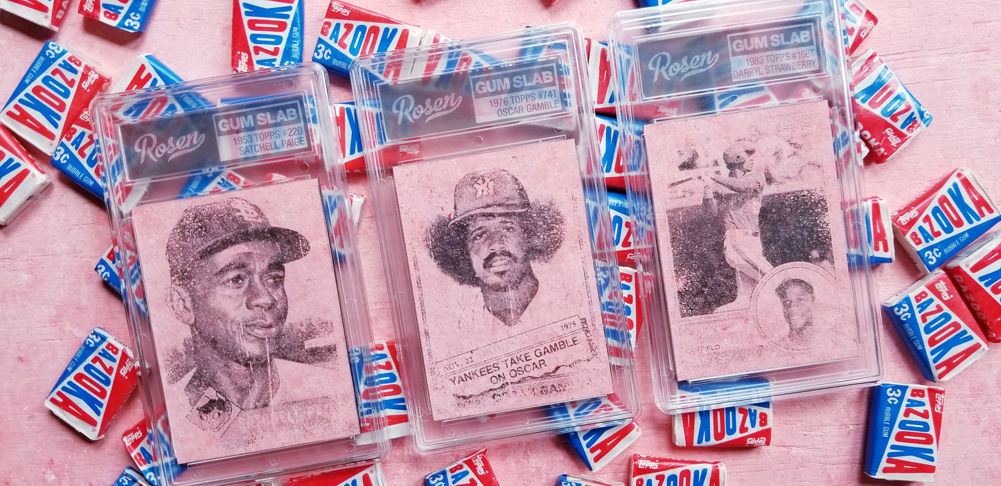 Baseball card art by Matt Rosen - Satchell Paige, Oscar Gamble and Darryl Strawberry