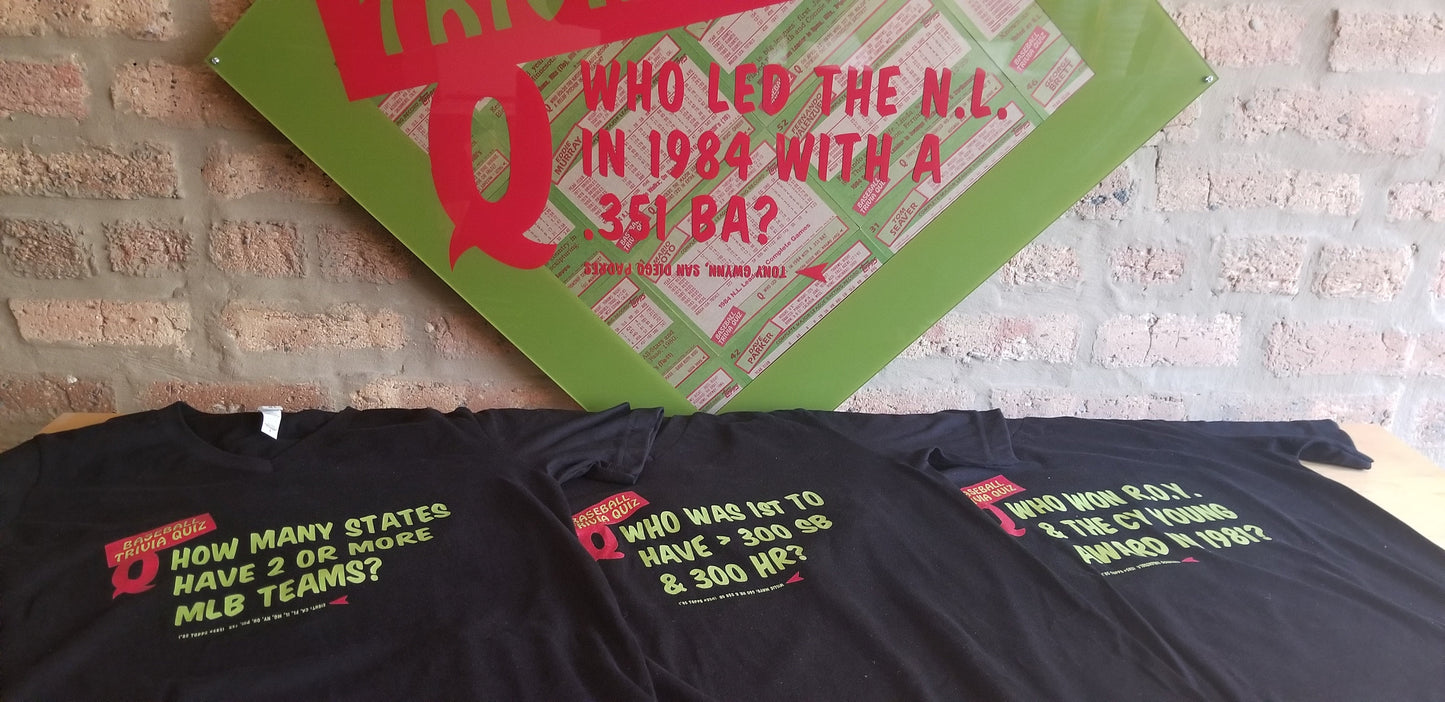 Baseball card art by Matthew Lee Rosen (aka Matthew Rosen) - 1985 Topps Baseball Trivia Quiz V-Neck (Eight States)
