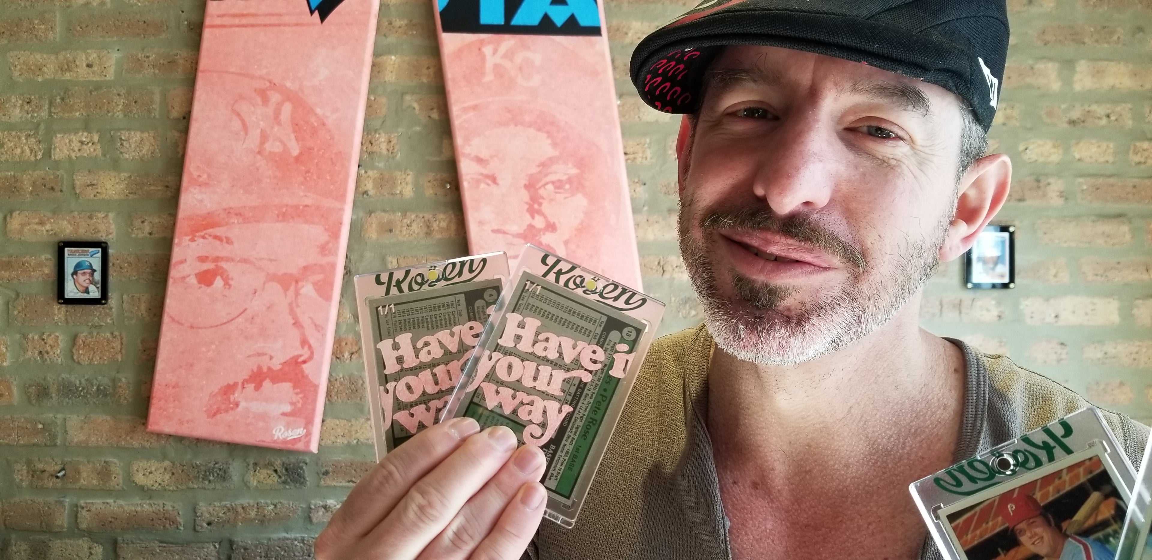 Baseball card artist Matthew Lee Rosen with his Bubble Gum Cards.