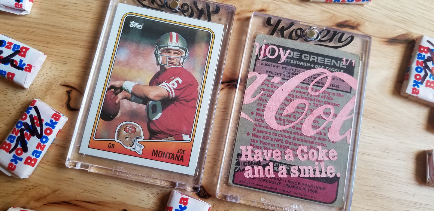 Baseball card art by Matthew Rosen - Joe Montana & Mean Joe Greene