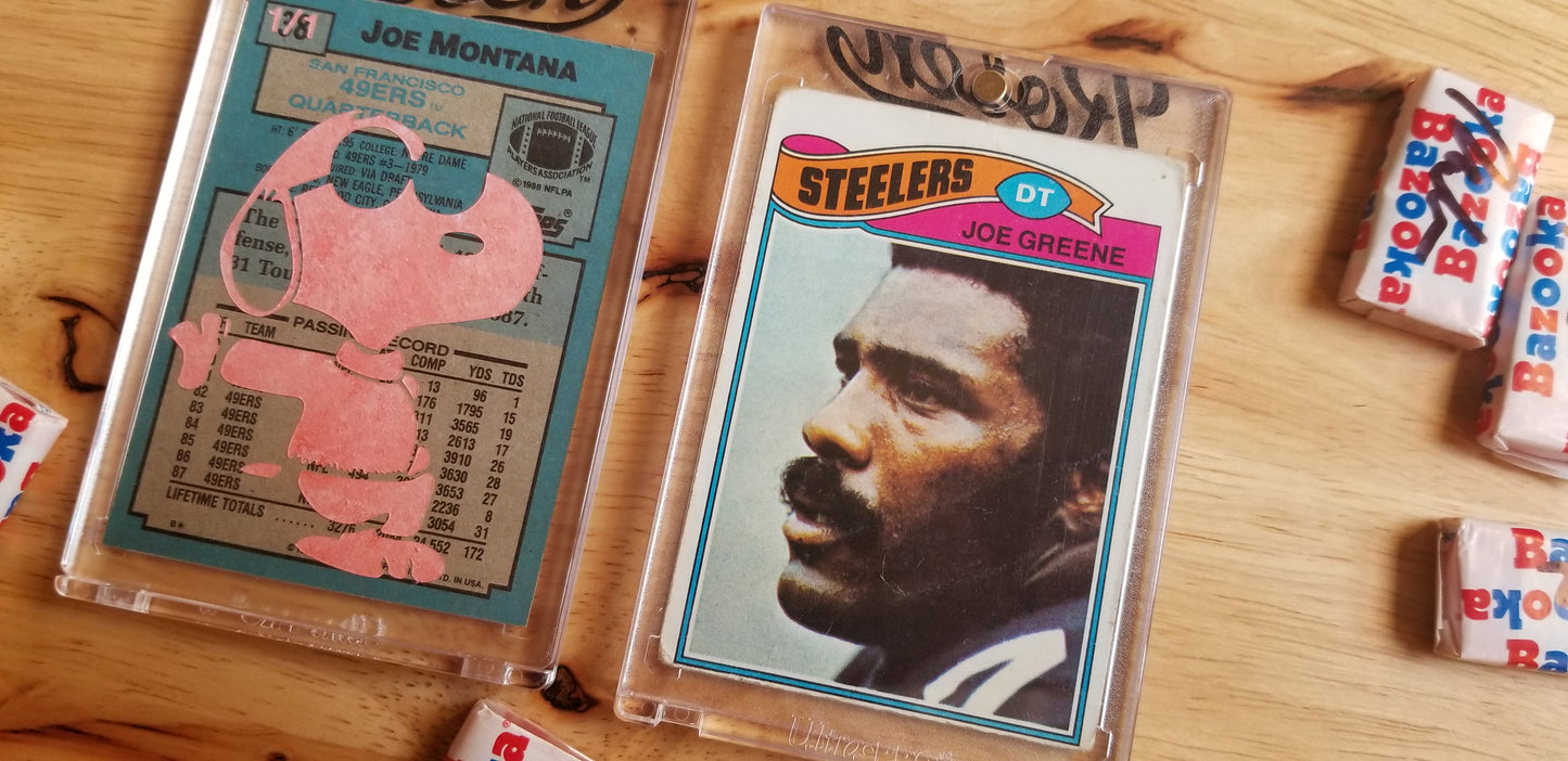 Baseball card art by Matthew Rosen - Joe Montana & Mean Joe Greene