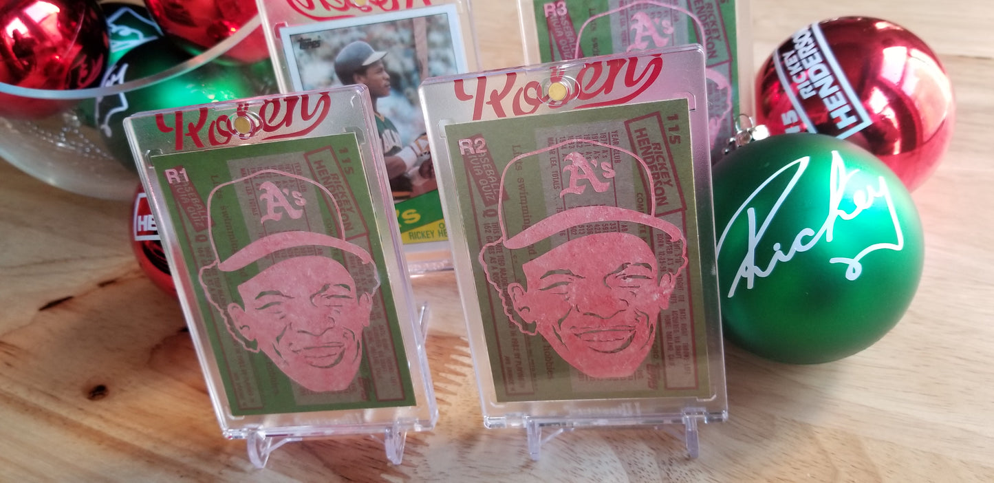 Baseball card art by Matthew Rosen - Rickey Henderson Christmas Ornaments