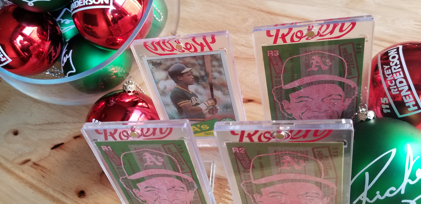 Baseball card art by Matthew Rosen - Rickey Henderson Christmas Ornaments