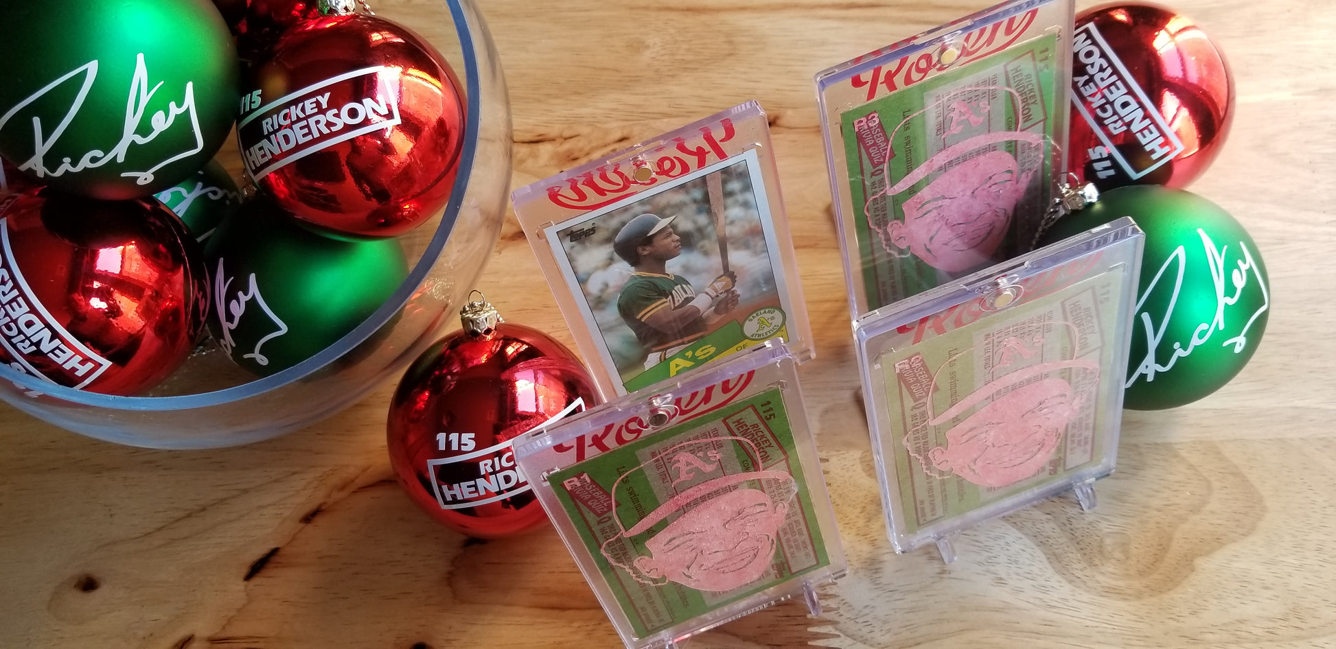 Baseball card art by Matthew Rosen - Rickey Henderson Christmas Ornaments