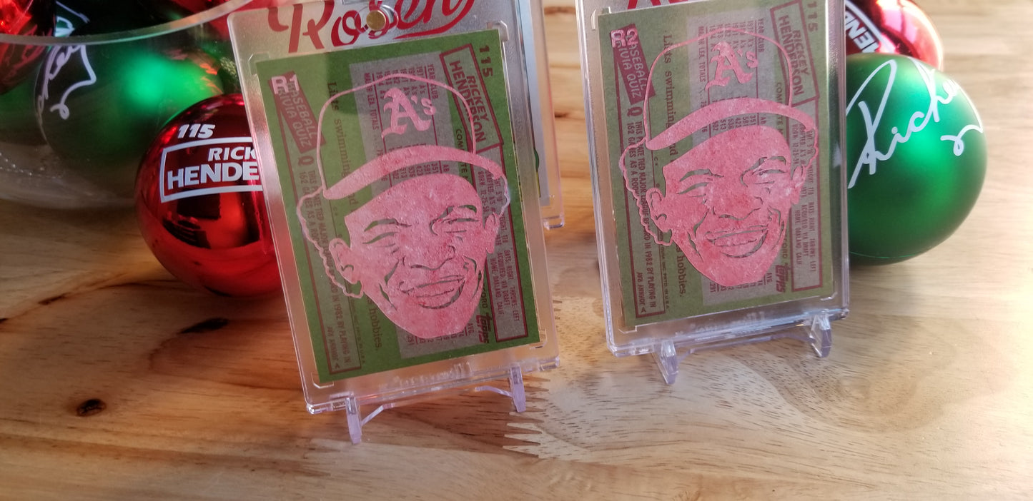 Baseball card art by Matthew Rosen - Rickey Henderson Christmas Ornaments