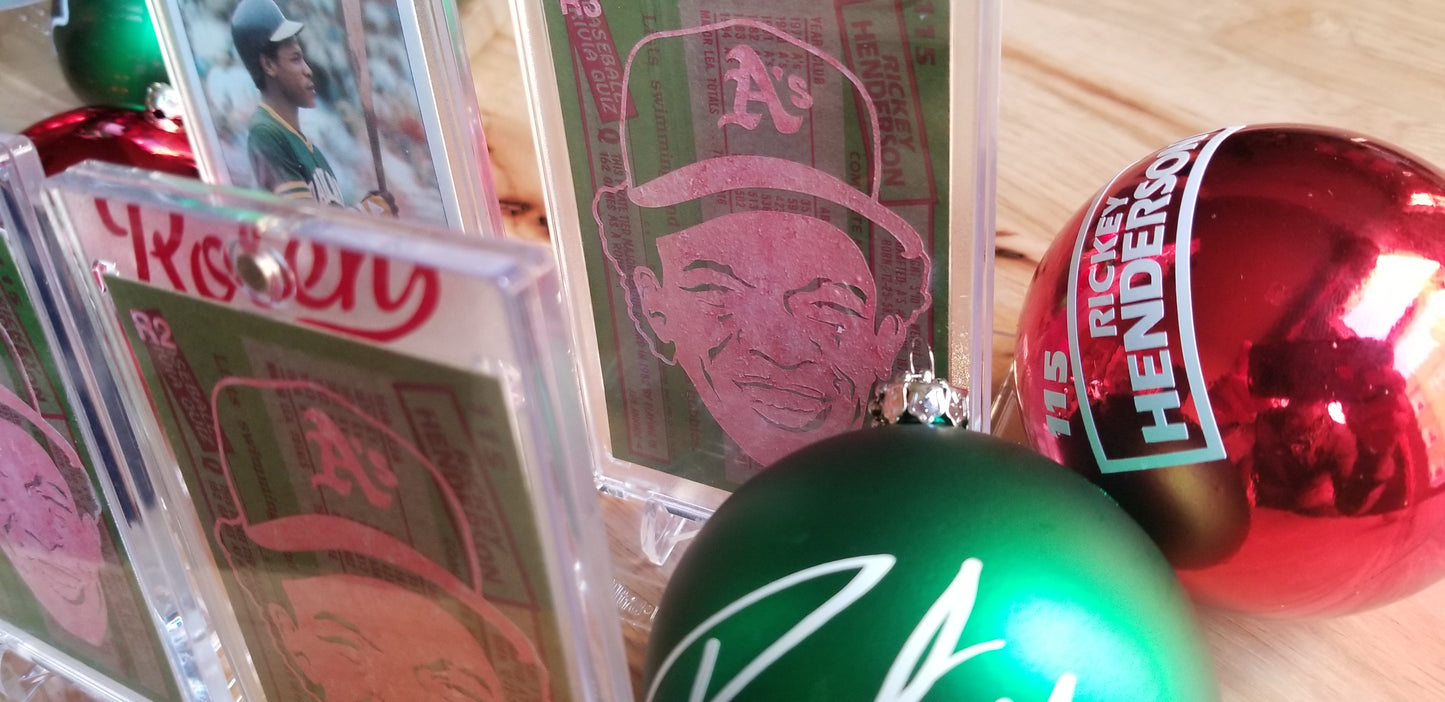 Baseball card art by Matt Rosen - Rickey Henderson Christmas Ornaments